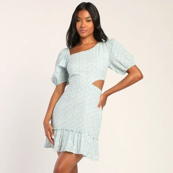 Lulu's Women Asymmetrical Cutout Mini Dress‎ White Green Multi Floral Print  XL - Picture 4 of 4